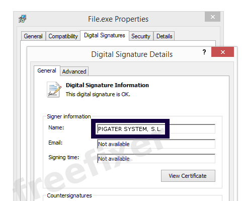 Screenshot of the PIGATER SYSTEM, S.L. certificate